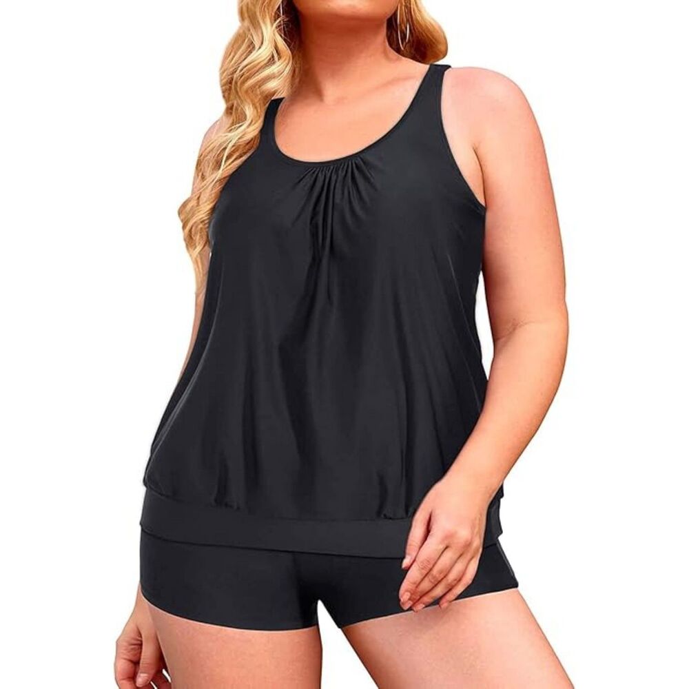 Yonique Plus Size Blouson Tankini Tops w/Swim Shorts 2pc SZ 24W Resort Goth: NWT